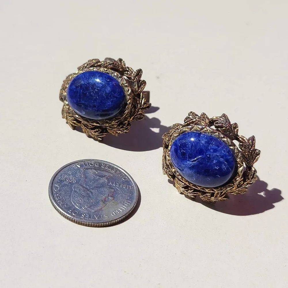 Vintage Lapis Lazuli Gold Tone Leaf Border Cufflinks Blue Mens Textured Toggle